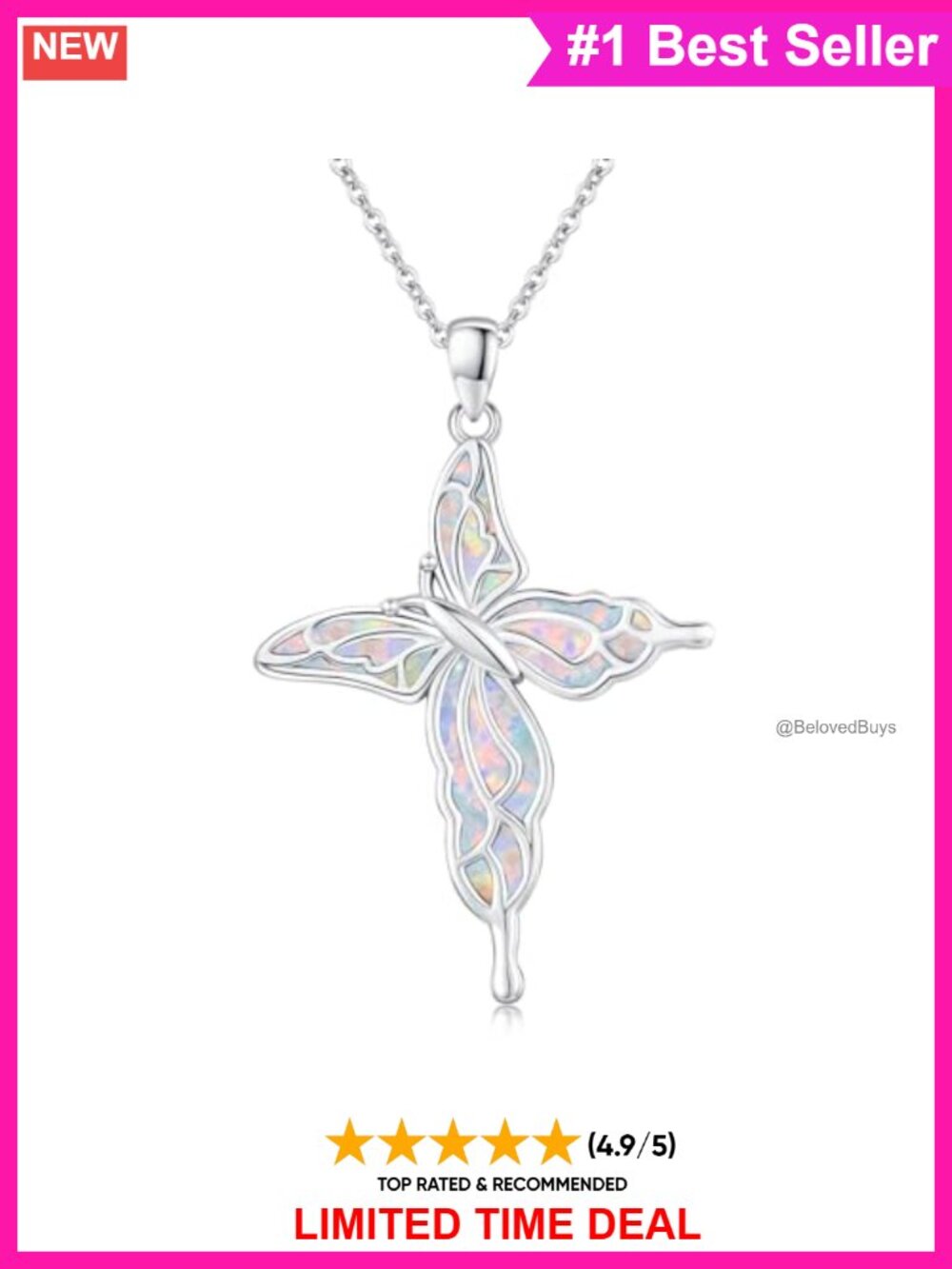 925 Sterling Silver Opal Butterfly Cross Pendant Necklace Confirmation Gift